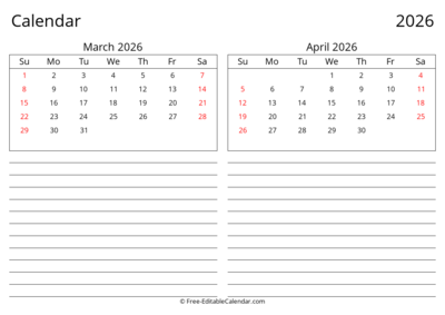 2026 March April Landscape Calendar