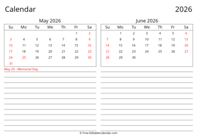 2026 May June Landscape Calendar
