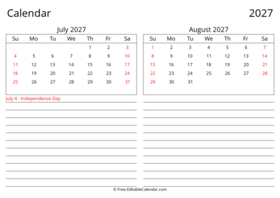 2027 July August Landscape Calendar