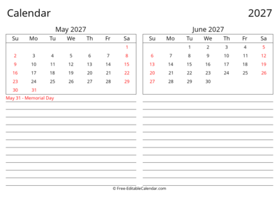 2027 May June Landscape Calendar