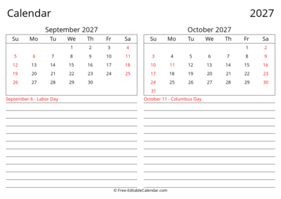 2027 September October Landscape Calendar
