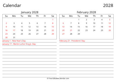 2028 January February Landscape Calendar