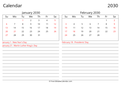 2030 January February Landscape Calendar