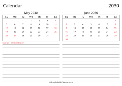 2030 May June Landscape Calendar