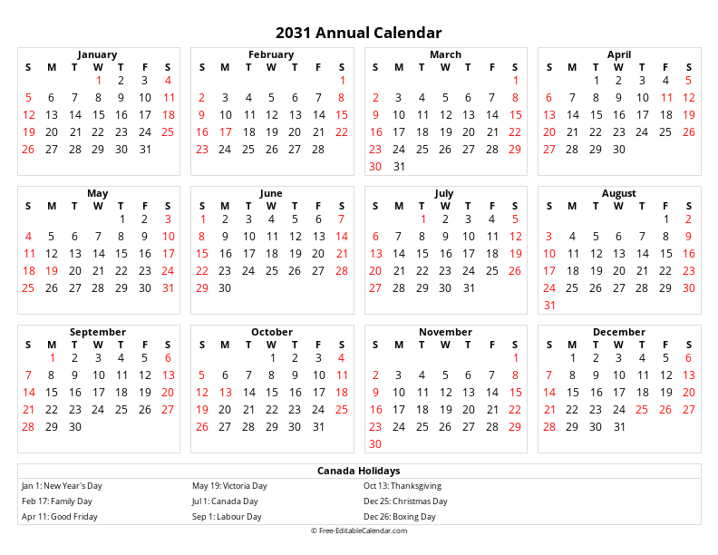 2031 Calendar with Canadian Holidays