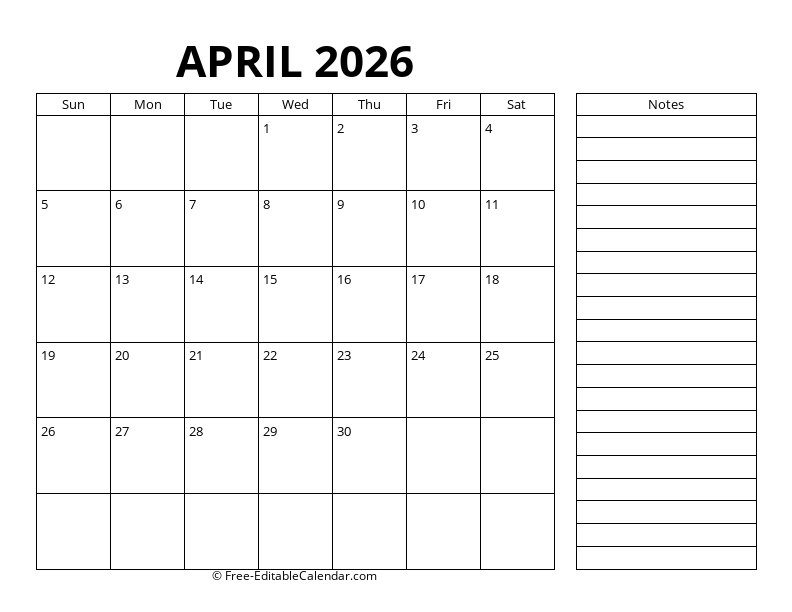 April Calendar 2026 with right notes