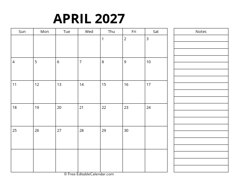 Free Printable April 2027 Calendar - PDF, Word, Excel Templates