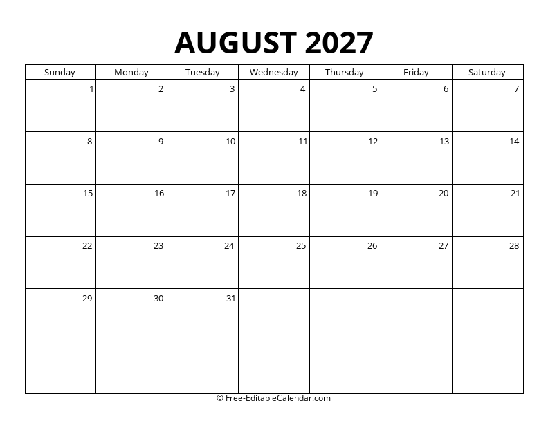 August 2027 Blank Calendar
