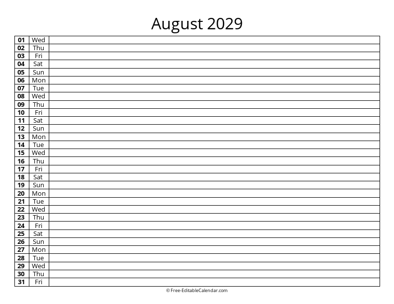 August 2029 Daily List Calendar