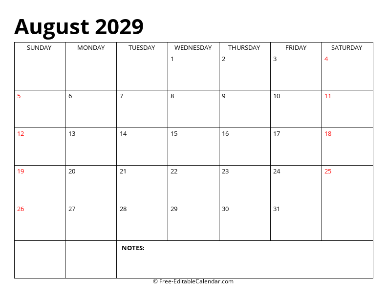 August 2029 Editable Calendar