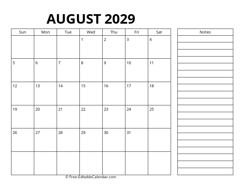 August Calendar 2029 with right notes