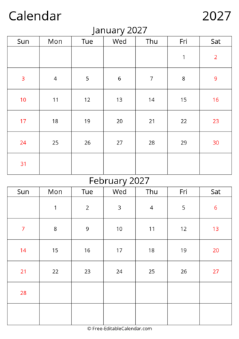 Editable 2027 Bi-monthly Calendar January February