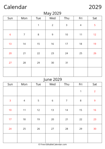 Editable 2029 Bi-monthly Calendar May June