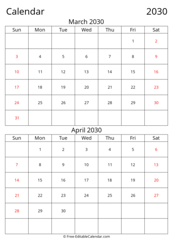 Editable 2030 Bi-monthly Calendar March April
