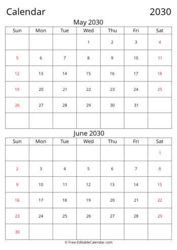 Editable 2030 Bi-monthly Calendar May June