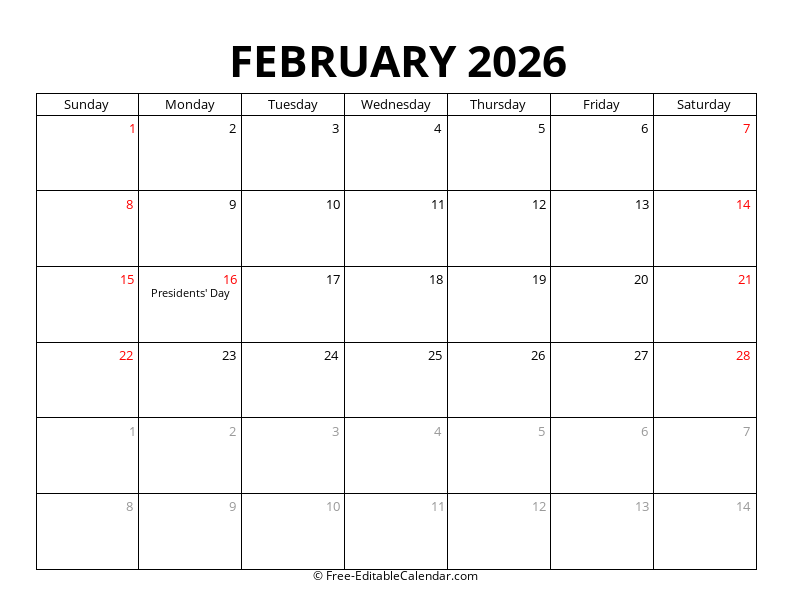 February 2026 Calendar with Holidays