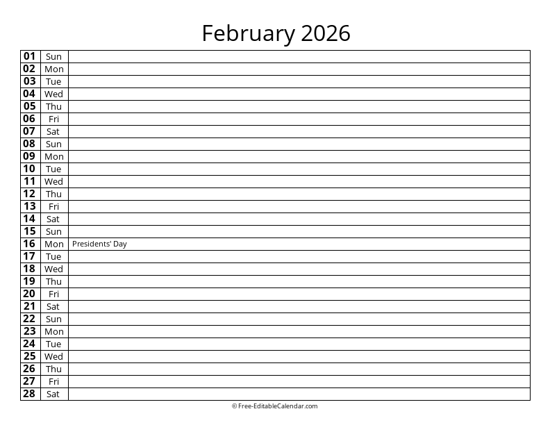February 2026 Daily List Calendar