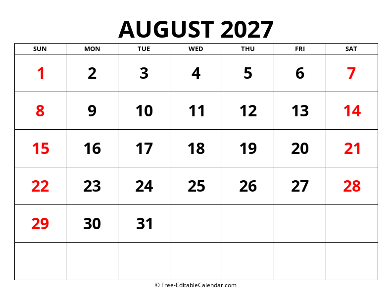Fillable Calendar August 2027