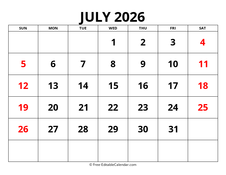 Fillable July 2026 Calendar