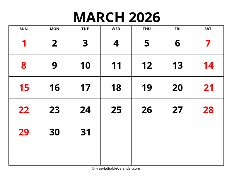 Fillable Calendar March 2026