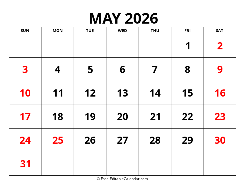 Fillable Calendar May 2026