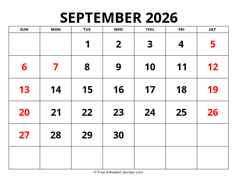Fillable Calendar September 2026