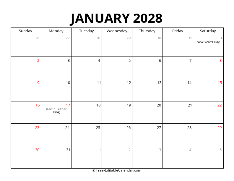 Free Printable January 2028 Calendar - PDF, Word, Excel Templates