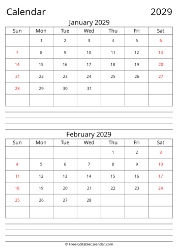 January February 2029 calendar with Notes