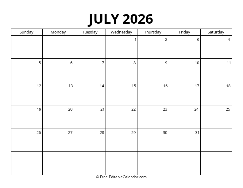 Standard Blank July 2026 Calendar