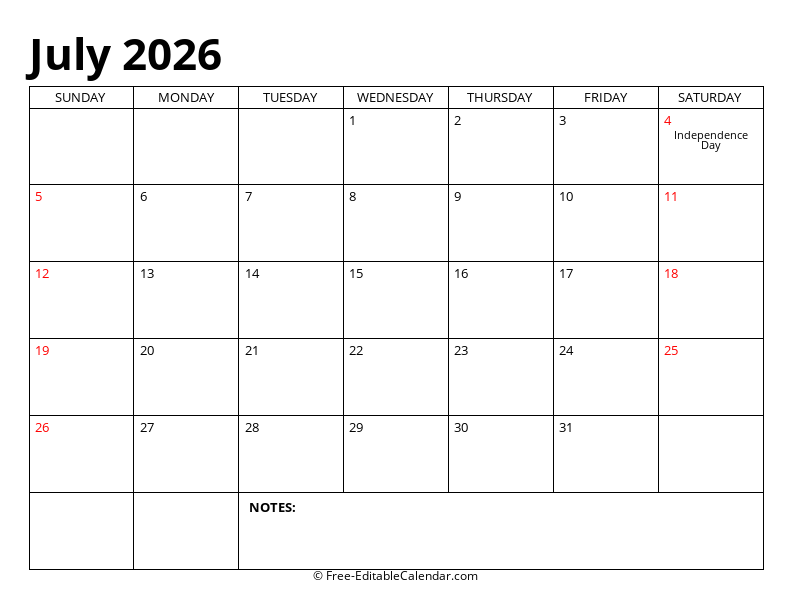 July 2026 Editable Calendar