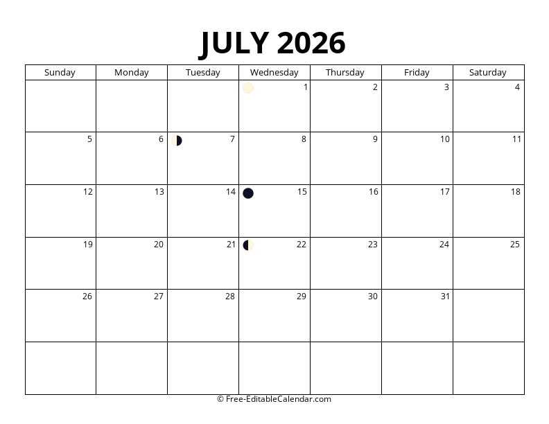 July 2026 Moon Phase Calendar