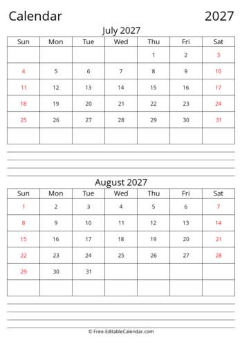 July August 2027 calendar with Notes