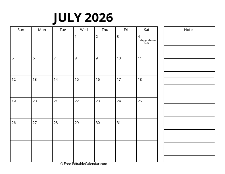 July Calendar 2026 with right notes
