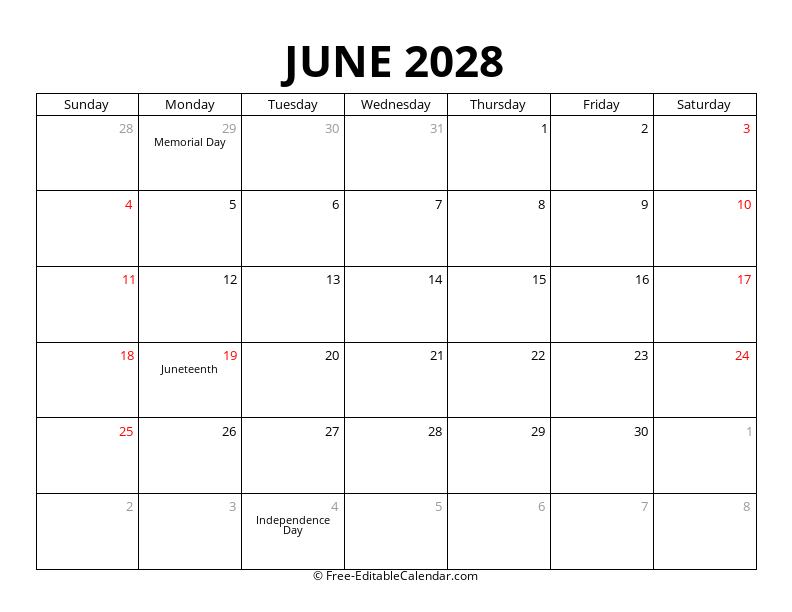 Free Printable June 2028 Calendar - PDF, Word, Excel Templates