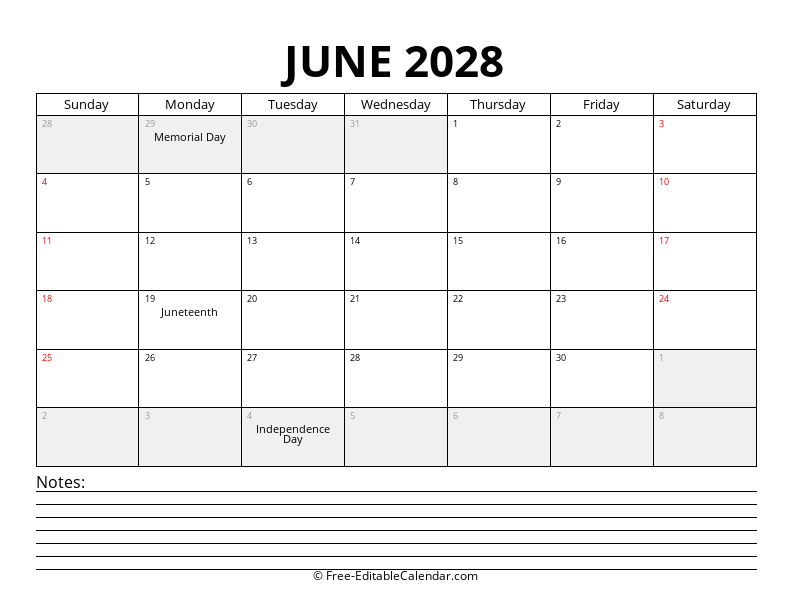 Free Printable June 2028 Calendar - PDF, Word, Excel Templates