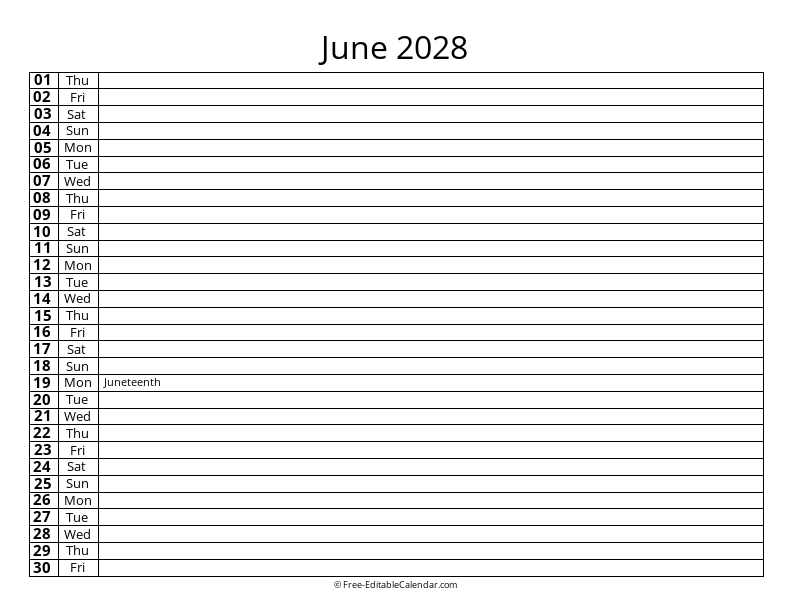 Free Printable June 2028 Calendar - PDF, Word, Excel Templates
