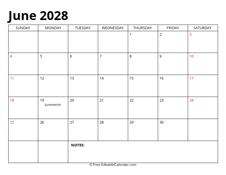 Free Printable June 2028 Calendar - PDF, Word, Excel Templates