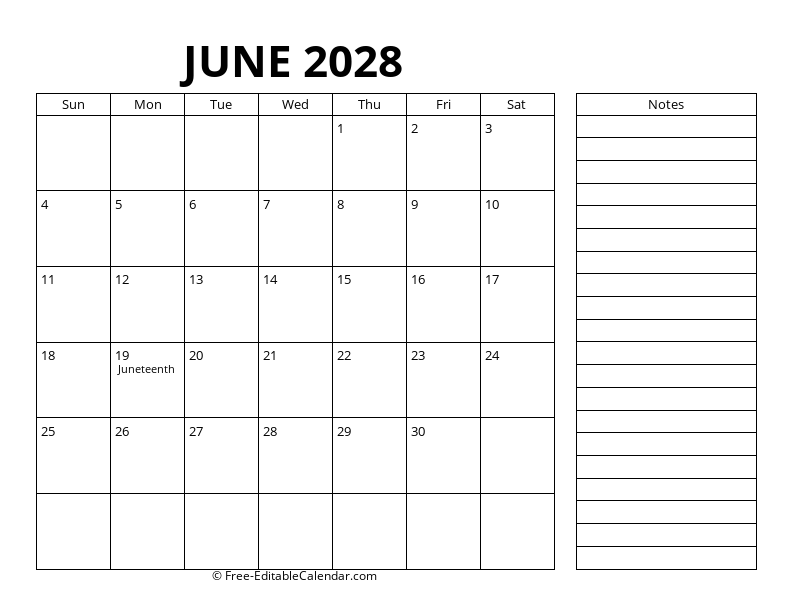 Free Printable June 2028 Calendar - PDF, Word, Excel Templates