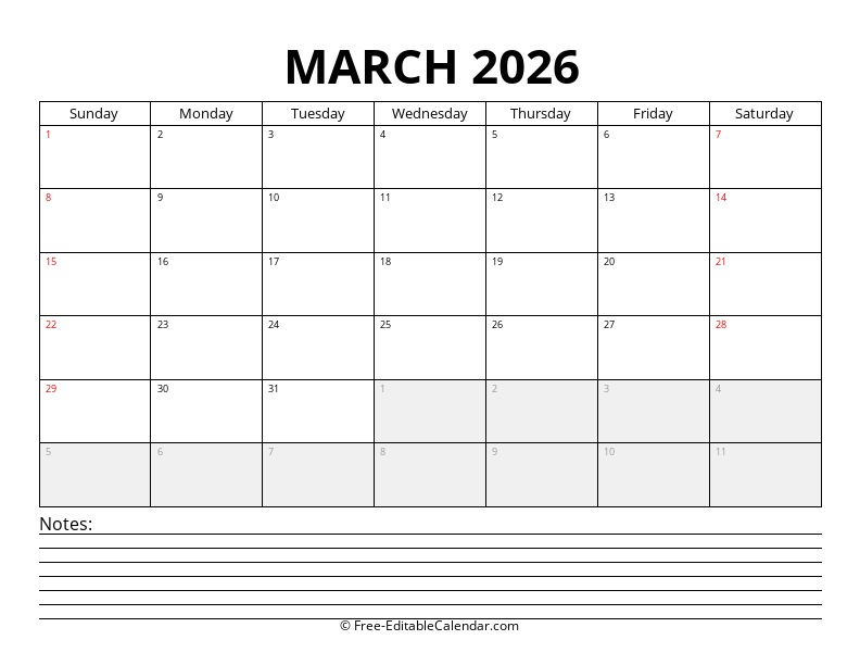 March 2026 Calendar with Notes