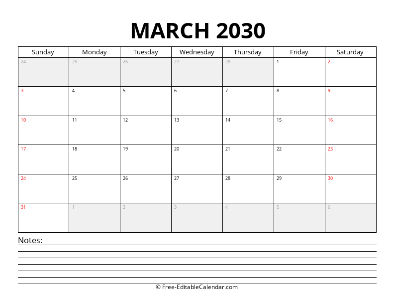 March 2030 Calendar with Notes