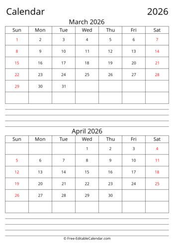 March April 2026 calendar with Notes