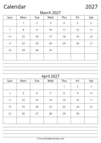March April 2027 calendar with Notes