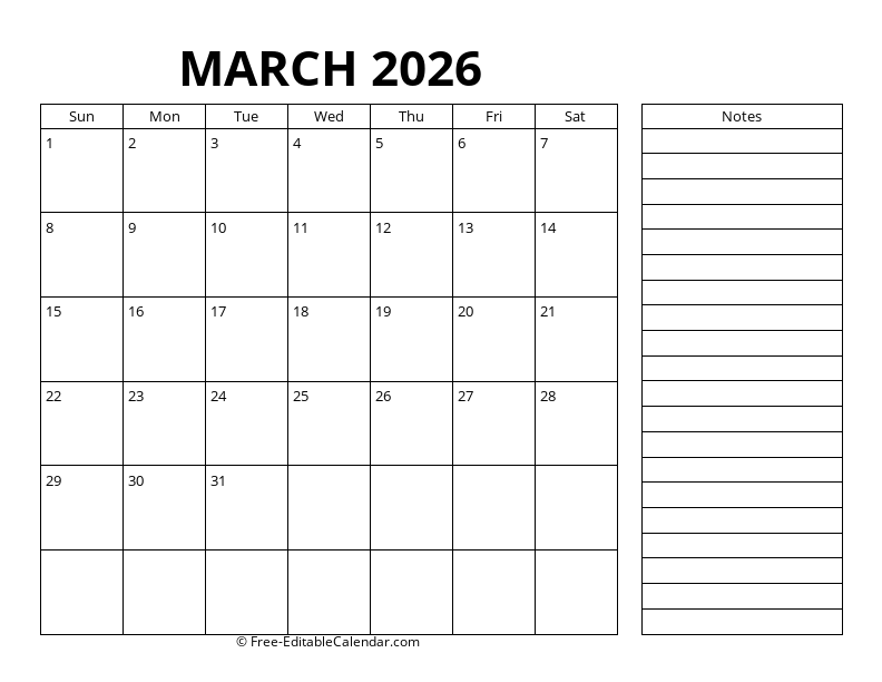 March Calendar 2026 with right notes