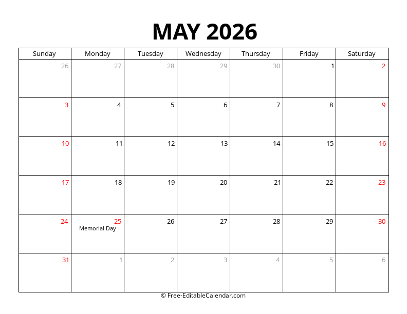 May 2026 Calendar with Holidays