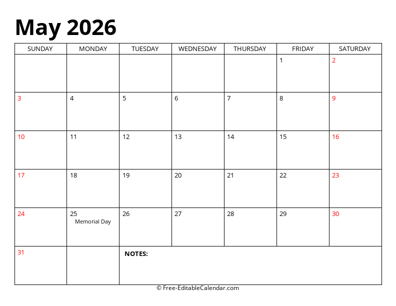 May 2026 Editable Calendar