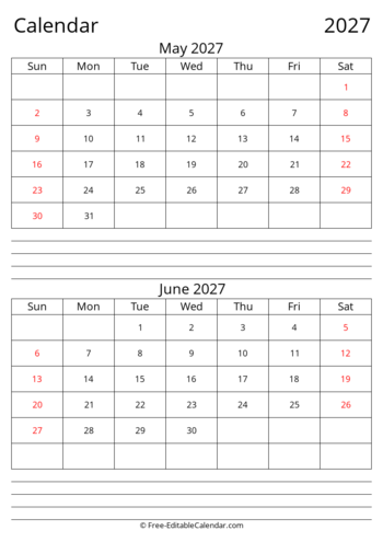 May June 2027 calendar with Notes