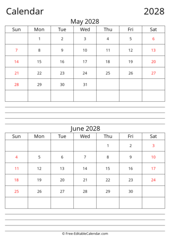 May June 2028 calendar with Notes