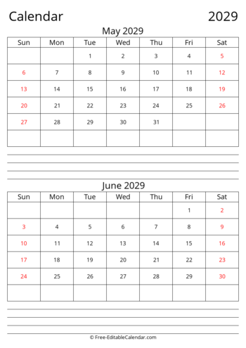 May June 2029 calendar with Notes