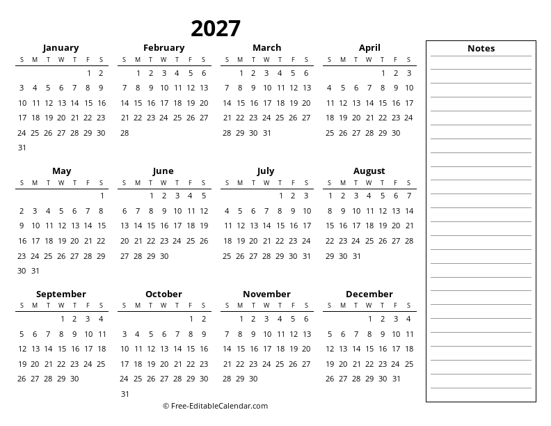 2027 Yearly Calendar - Free Printable Year at a Glance