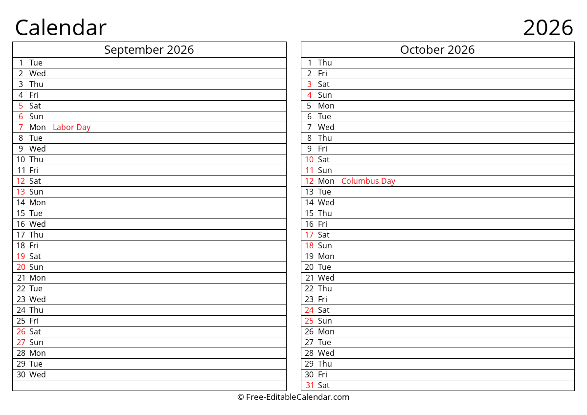 Printable 2026 Calendar - September October with Holidays